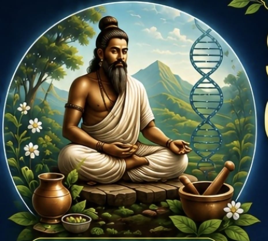 Advanced Ayurvedic healing — a seer in meditation among herbs, with the double helix beside him