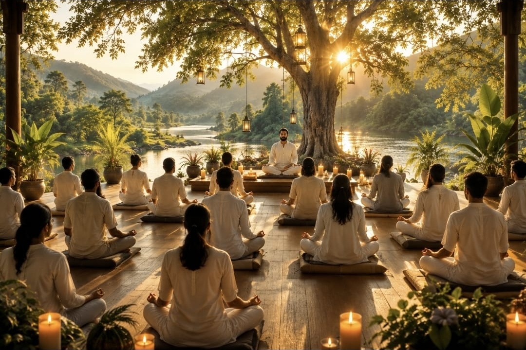 Silence & Sadhana — a group seated in meditation at sunrise in a riverside pavilion, guided from beneath a peepal tree