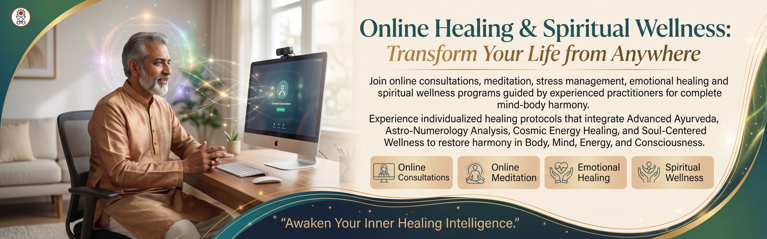 Online Healing and Spiritual Wellness — transform your life from anywhere. Join online consultations, meditation, stress management, emotional healing and spiritual wellness programmes guided by experienced practitioners for complete mind-body harmony. Individualized healing protocols integrating Advanced Ayurveda, Astro-Numerology Analysis, Cosmic Energy Healing and Soul-Centered Wellness to restore harmony in body, mind, energy and consciousness. Awaken your inner healing intelligence.