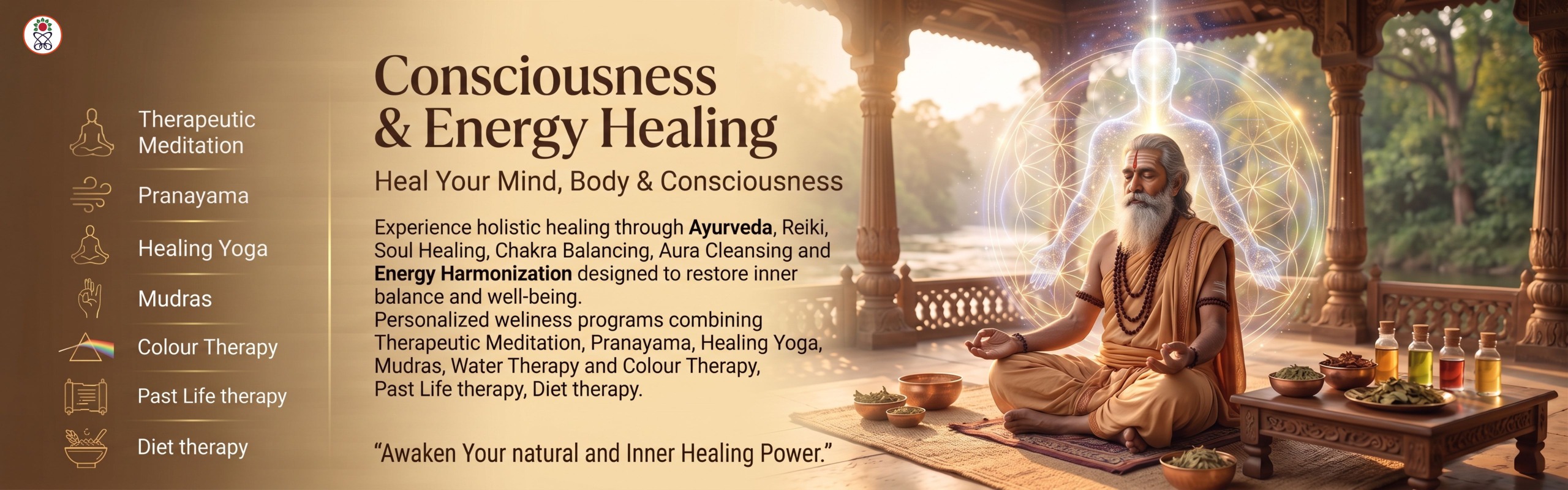 Consciousness and Energy Healing — heal your mind, body and consciousness through Ayurveda, Reiki, Soul Healing, Chakra Balancing, Aura Cleansing and Energy Harmonization. Personalized wellness programmes combining Therapeutic Meditation, Pranayama, Healing Yoga, Mudras, Water Therapy, Colour Therapy, Past Life therapy and Diet therapy. Awaken your natural and inner healing power.