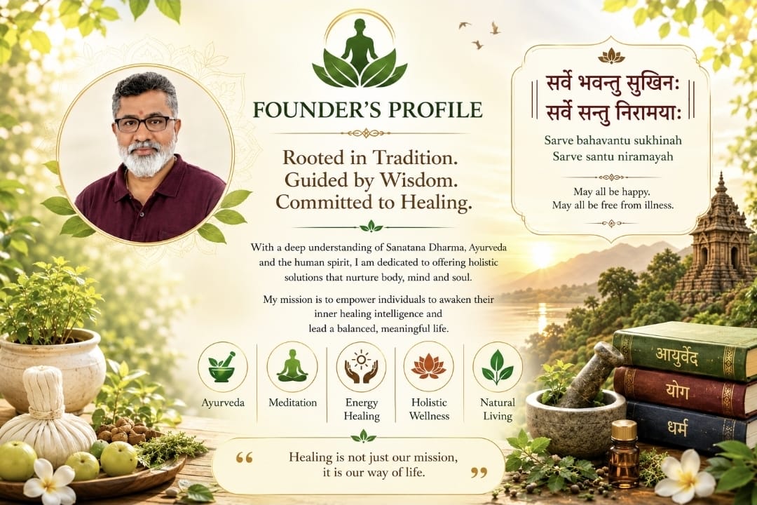Founder's Profile — Dr. Siddalingesh M. Kudari. Rooted in Tradition. Guided by Wisdom. Committed to Healing. Ayurveda, Meditation, Energy Healing and Holistic Wellness, with the shloka सर्वे भवन्तु सुखीना सर्वे संतु निरामया