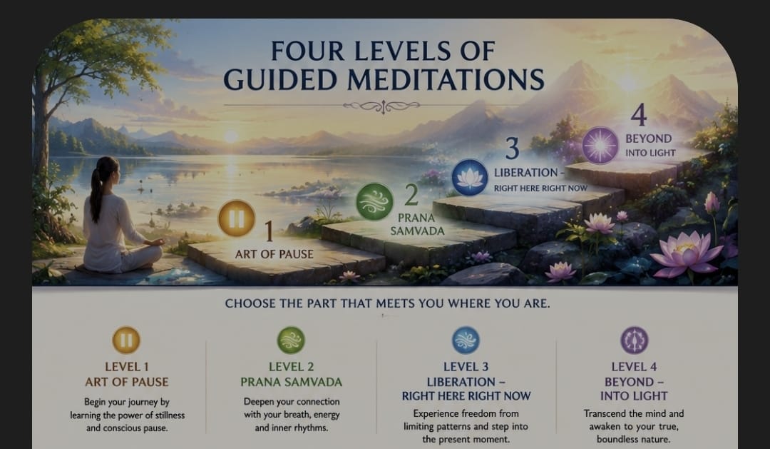Guided Meditation Program — the four levels of practice, from pausing to breathing to seeing to living